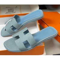 Charming Hermes Oran Classic Flat Slides Sandal in Lizard Embossed Calfskin Light Blue 2025 H081803