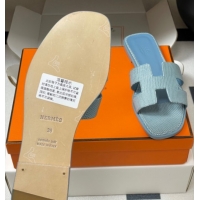 Charming Hermes Oran Classic Flat Slides Sandal in Lizard Embossed Calfskin Light Blue 2025 H081803