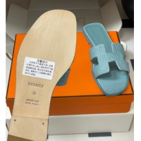 Good Quality Hermes Oran Classic Flat Slides Sandal in Lizard Embossed Calfskin Light Green 2025 H081803