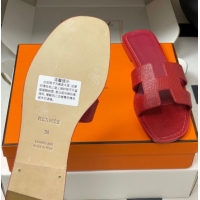 Top Grade Hermes Oran Classic Flat Slides Sandal in Lizard Embossed Calfskin Red 2025 H081803
