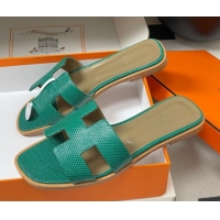 Low Price Hermes Oran Classic Flat Slides Sandal in Lizard Embossed Calfskin Dark Green 2025 H081803 0819074