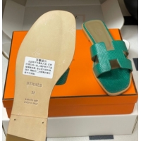 Low Price Hermes Oran Classic Flat Slides Sandal in Lizard Embossed Calfskin Dark Green 2025 H081803 0819074