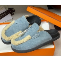 Unique Style Hermes Go Mule in Suede and Shearling Blue 2025 H232865 0820002