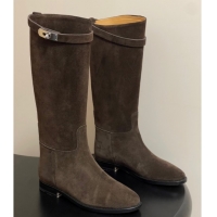 Crafted Hermes Jumping Boots in Suede with Kelly Strap Taupe 2025 H082001 0820014