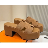 Good Taste Hermes Suede Platform Slides Sandal 7.5cm Brown 2025 H082003 0820018