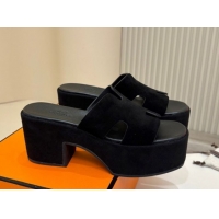 Low Price Hermes Suede Platform Slides Sandal 7.5cm Black 2025 H082003 0820019