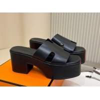 Trendy Design Hermes Calfskin Platform Slides Sandal 7.5cm Black 2025 H082003 0820022