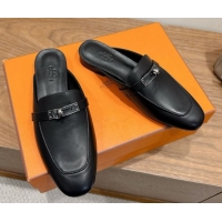 Best Quality Hermes Oz Flat Mules in Calfskin Leather with Kelly Black 2025 H082004 0820024