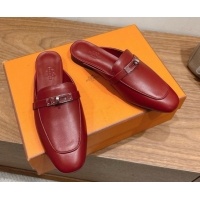 Good Quality Hermes Oz Flat Mules in Calfskin Leather with Kelly Red 2025 H082004 0820028