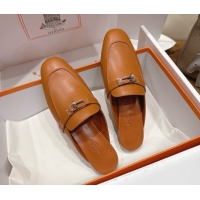 Discount Hermes Oz Flat Mules in Calfskin Leather with Kelly Brown 2025 H082004 0820029