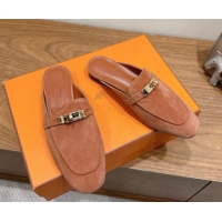 Good Product Hermes Oz Flat Mules in Suede with Kelly Brown 2025 H082004 0820031
