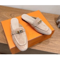 Grade Quality Hermes Oz Flat Mules in Suede with Kelly Beige 2025 H082004 0820032