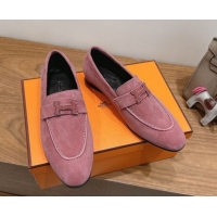 Good Quality Hermes Paris Loafers in Suede with H Pink2 2025 H082005 0820042