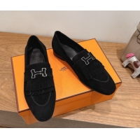 Trendy Design Hermes Royal Loafers in Suede with Fringe Black 2025 H082006 0820047