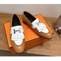 Popular Style Hermes Royal Loafers in Calfskin Leather with Fringe Brown/White 2025 H082006 0820050