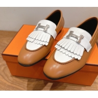 Popular Style Hermes Royal Loafers in Calfskin Leather with Fringe Brown/White 2025 H082006 0820050