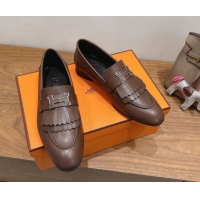 Expensive Hermes Royal Loafers in Calfskin Leather with Fringe Taupe 2025 H082006 0820051