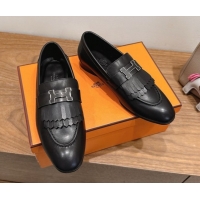 Elegant Hermes Royal Loafers in Calfskin Leather with Fringe Black 2025 H082006 0820053