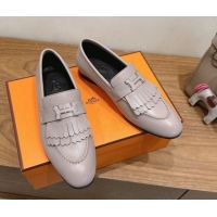 Top Sales Hermes Royal Loafers in Calfskin Leather with Fringe Light Grey 2025 H082006 0820054