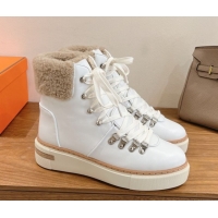 New Design Hermes Flocon Ankle Boots in Calfskin and Shearling White 0820060