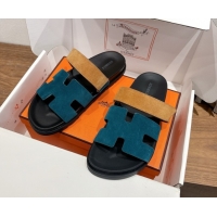 Cheap Design Hermes Chypre Slide Sandals in Suede Blue/Brown 2025 H082008 0820069