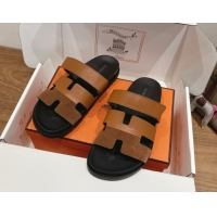 Best Quality Hermes Chypre Slide Sandals in Calfskin and Suede Dark/Brown H082008 0820070