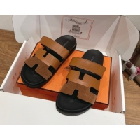 Best Quality Hermes Chypre Slide Sandals in Calfskin and Suede Dark/Brown H082008 0820070