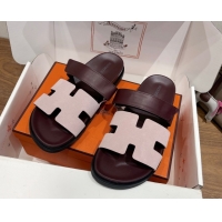Best Price Hermes Chypre Slide Sandals in Calfskin and Suede Pink/Burgundy 2025 H082008 0820073