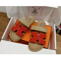 Duplicate Hermes Chypre Slide Sandals in Suede Beige/Red 2025 H082008 0820074