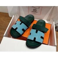 Perfect Hermes Chypre Slide Sandals in Suede Blue/Green 2025 H082008 0820075