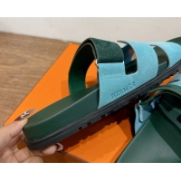 Perfect Hermes Chypre Slide Sandals in Suede Blue/Green 2025 H082008 0820075