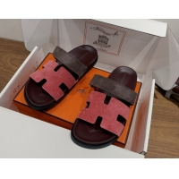 New Style Hermes Chypre Slide Sandals in Suede Pink/Brown 2025 H082008 0820077