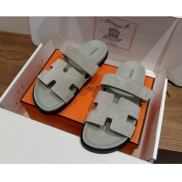 Classic Practical Hermes Chypre Slide Sandals in Suede Light Grey 2025 H082008 0820078