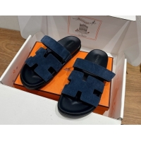 Pretty Style Hermes Chypre Slide Sandals in Suede Deep Blue 2025 H082008 0820082