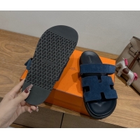 Pretty Style Hermes Chypre Slide Sandals in Suede Deep Blue 2025 H082008 0820082