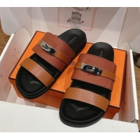 Buy Discount Hermes Jackson Flat Slides Sandal in Smooth and Grained Calfskin Brown 2025 H082008 0820083