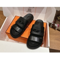 Shop Duplicate Hermes Jackson Flat Slides Sandal in Smooth and Grained Calfskin Black 2025 H082008 0820085