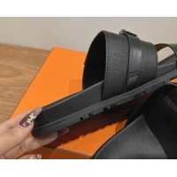 Shop Duplicate Hermes Jackson Flat Slides Sandal in Smooth and Grained Calfskin Black 2025 H082008 0820085