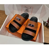 Top Grade Hermes Jackson Flat Slides Sandal in Calfskin Leather Brown 2025 H082008 0820090