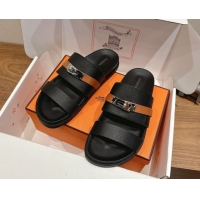 Best Grade Hermes Jackson Flat Slides Sandal in Grained Calfskin Black/Brown 2025 H082008 0820086