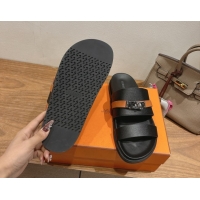 Best Grade Hermes Jackson Flat Slides Sandal in Grained Calfskin Black/Brown 2025 H082008 0820086