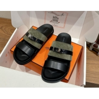Unique Style Hermes Jackson Flat Slides Sandal in Calfskin and Suede Green/Black 2025 H082008 0820093