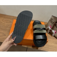 Unique Style Hermes Jackson Flat Slides Sandal in Calfskin and Suede Green/Black 2025 H082008 0820093