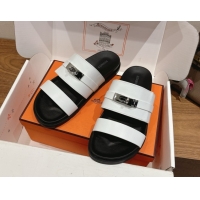 Luxurious Hermes Jackson Flat Slides Sandal in Smooth Calfskin White/Black 2025 H082008 0820084