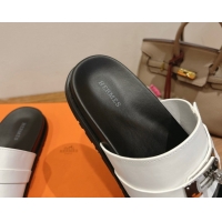 Luxurious Hermes Jackson Flat Slides Sandal in Smooth Calfskin White/Black 2025 H082008 0820084