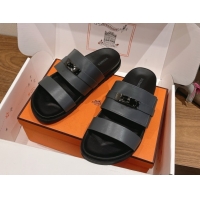 Grade Quality Hermes Jackson Flat Slides Sandal in Smooth Calfskin Dark Grey 2025 H082008 0820087