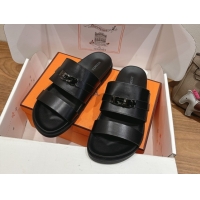 Durable Hermes Jackson Flat Slides Sandal in Smooth Calfskin All Black 2025 H082008 0820088