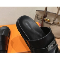 Durable Hermes Jackson Flat Slides Sandal in Smooth Calfskin All Black 2025 H082008 0820088