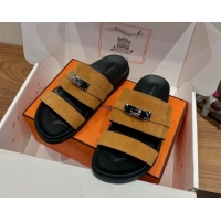 Good Quality Hermes Jackson Flat Slides Sandal in Suede Yellow 2025 H082008 0820091