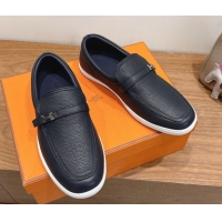 Popular Style Hermes Like Loafers in Grained Calfskin Dark Blue 2025 H082009 0820098